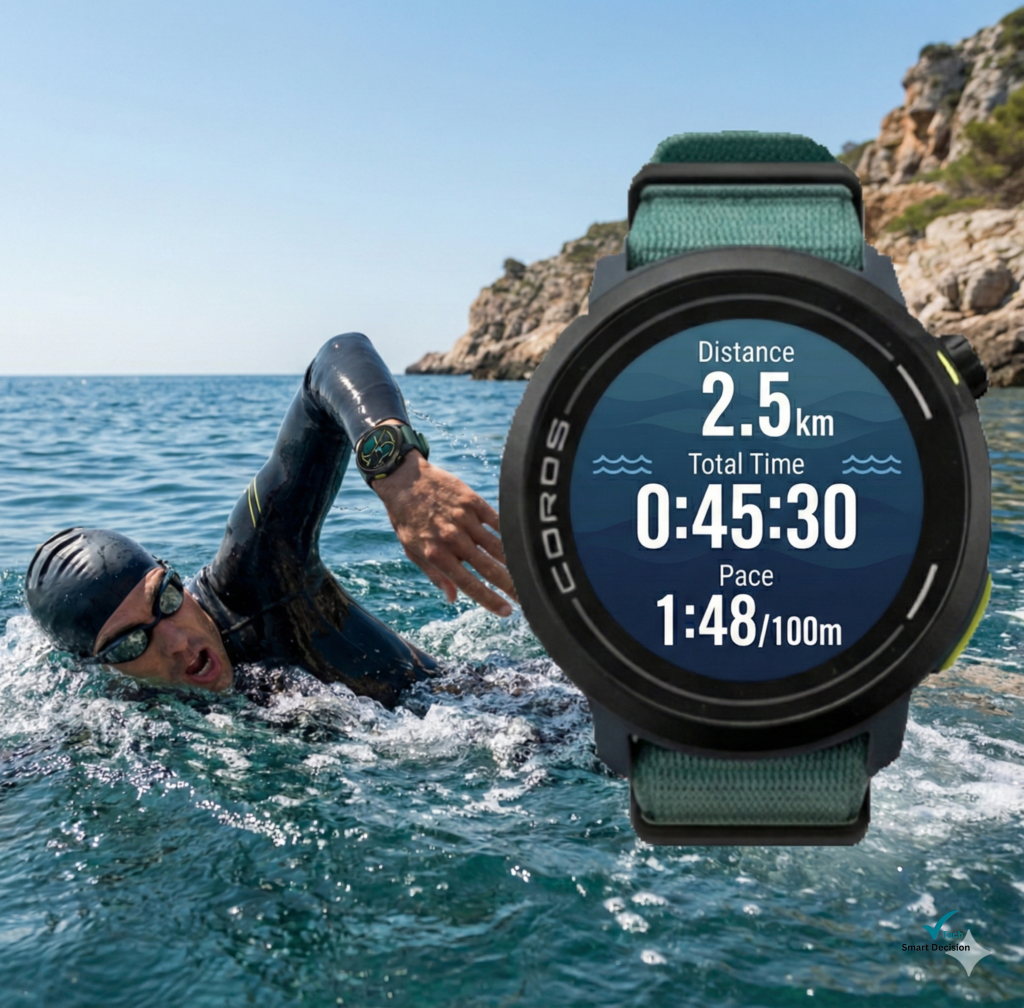 Coros Pace Pro em fundo com atleta nadando; Melhores smartwatches para Triatlo em 2026.