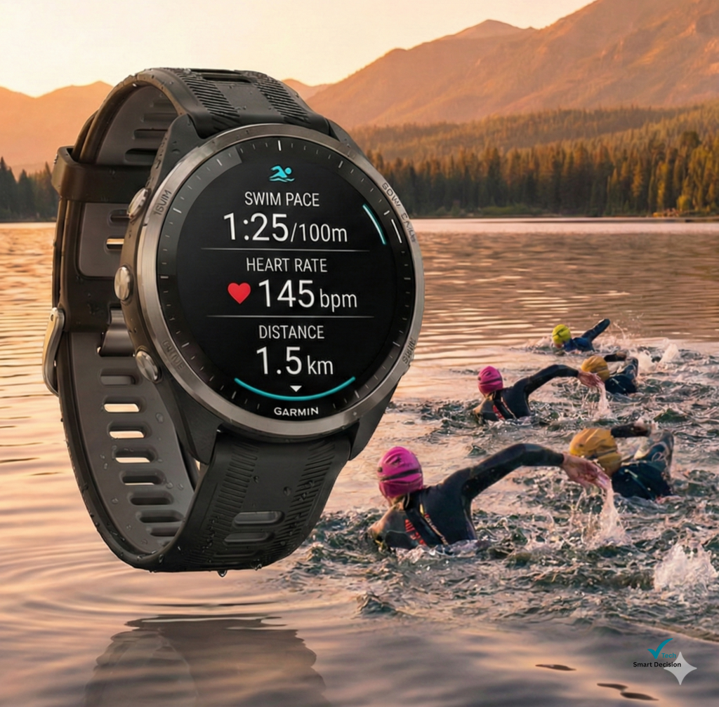 Garmin Forerunner 965 em fundo com atletas nadando; Melhores smartwatches para Triatlo em 2026.