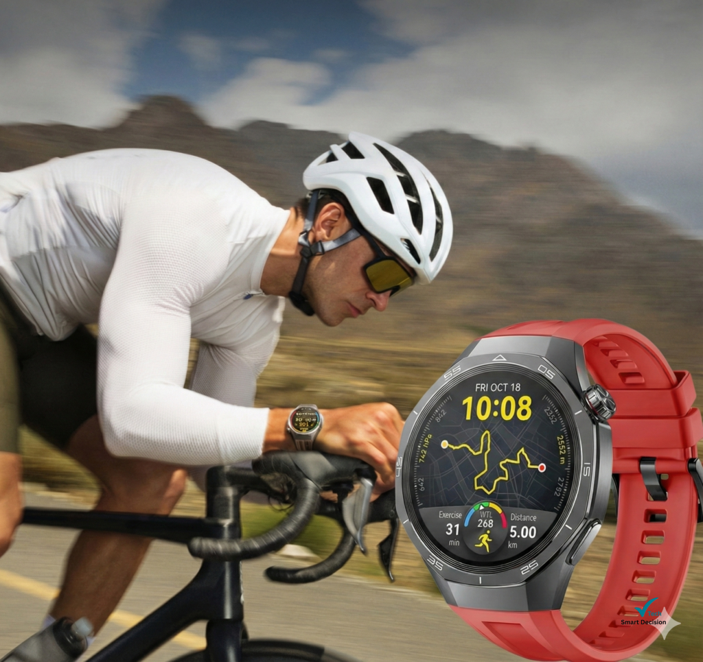 Huawei Watch GT6 Pro em fundo com atleta de ciclismo; Melhores smartwatches para Triatlo em 2026.