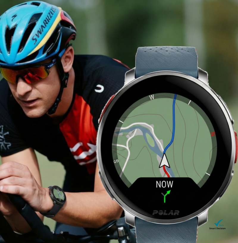 Polar Vantage V3 em fundo com atleta de ciclismo; Melhores smartwatches para Triatlo em 2026.