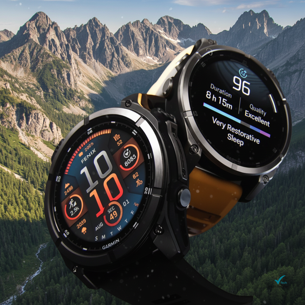 Garmin Fenix 8 Pro em cenário de montanha; smartwatch de alto desempenho para esportes outdoor em 2026.