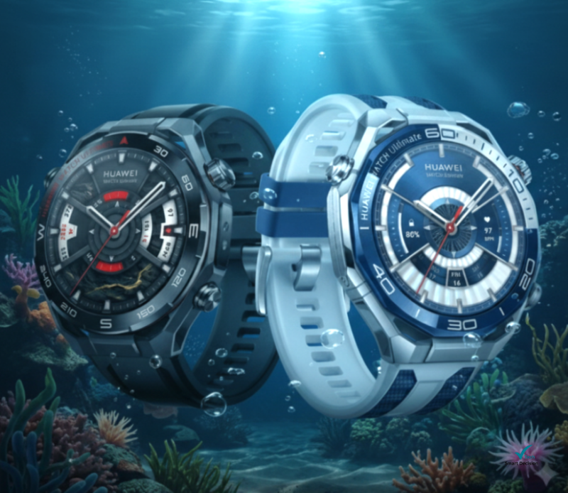 Huawei Watch Ultimate 2 em cenário de fundo do mar; smartwatch de alto desempenho para esportes outdoor em 2026.