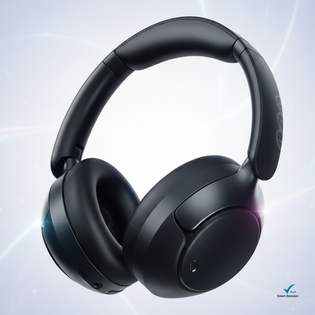 QCY H3 Pro em fundo abstrato; Fones Bluetooth Over-Ear.