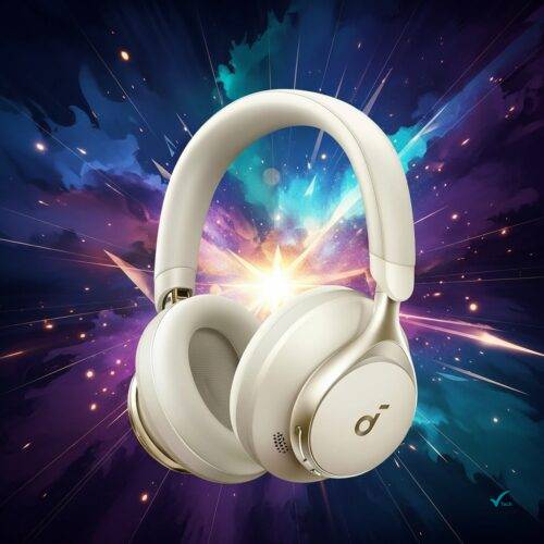 Soundcore Space One em fundo abstrato; Fones Bluetooth Over-Ear.