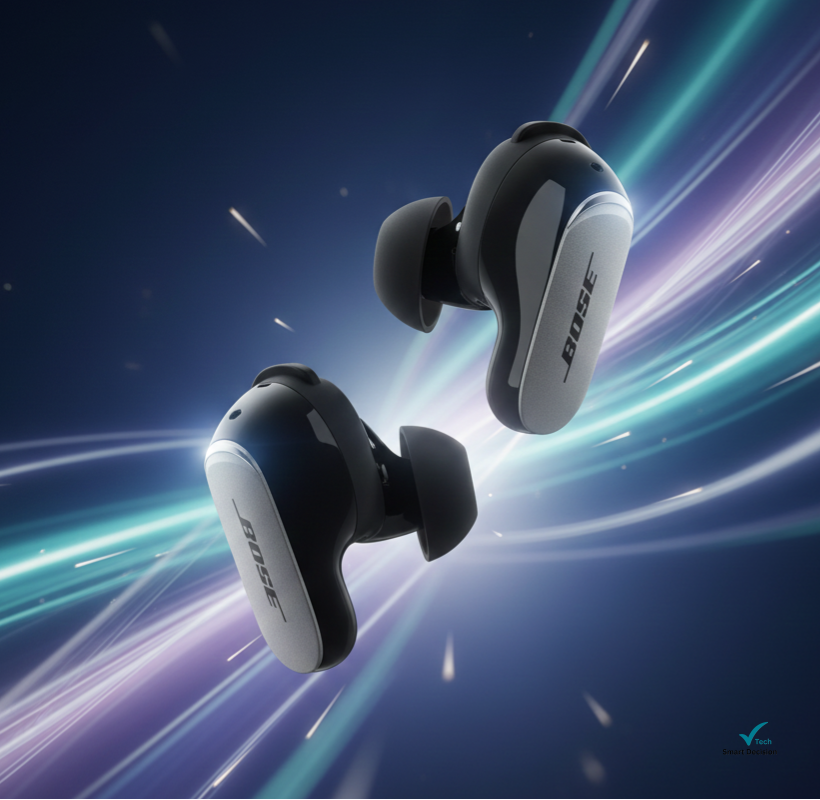 Bose QuietComfort Ultra Earbuds de 2ª Geração em fundo abstrato; Melhores fones TWS.