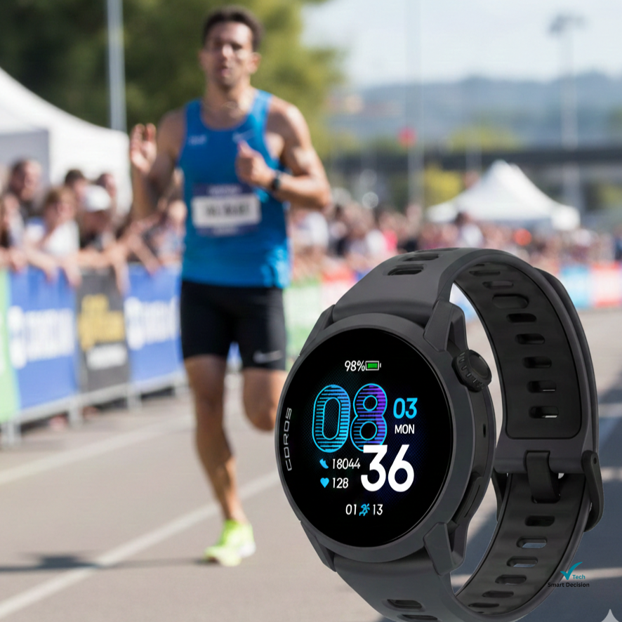 Coros Pace 4 em fundo com atleta de corrida; Melhores smartwatches para Triatlo em 2026.